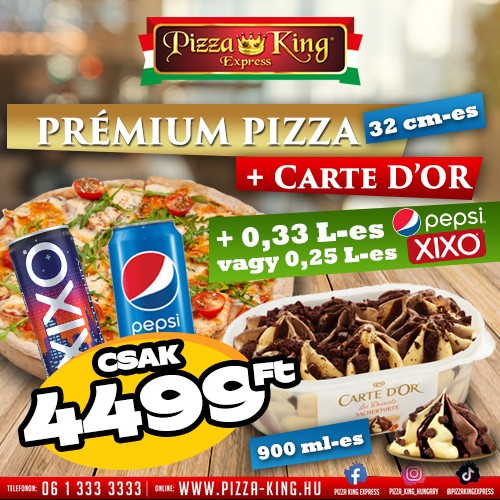 Pizza King 13 - 32cm prémium pizza jégkrémmel és üdítővel - Jégkrém menük - Online rendelés
